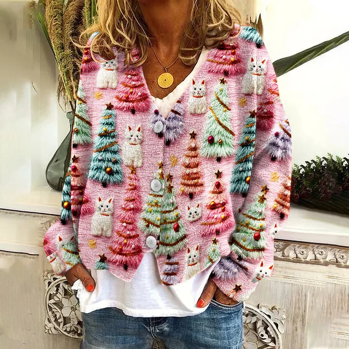 Comstylish Christmas Tree Cute Cat 3D Print V-Neck Knitted Sweater Cardigan