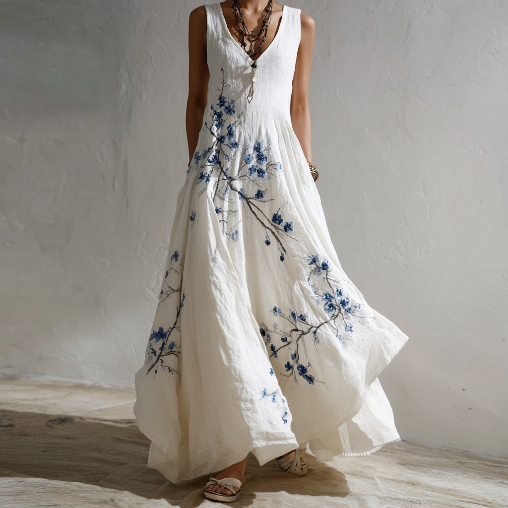 Comstylish Women's Retro Japanese Plum Blossom Embroidery Comfortable V-neck Linen Long Dress