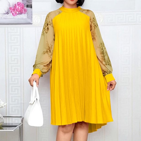 VONDA Evening Women Fashion O Neck Pleated Midi Dresses Long Sleeve Lantern Sleeve Solid Color Casual Vestido - BlackFridayBuys