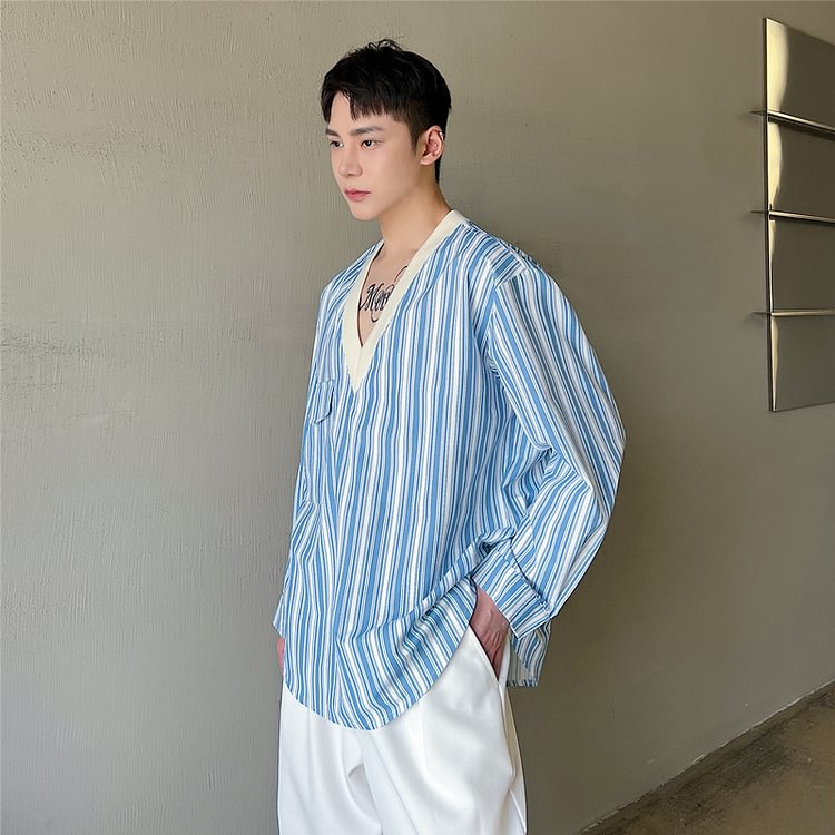 Dawfashion-New Striped V-neck Long-sleeved Shirt Retro Temperament Casual Loose Top-Yamamoto Diablo Clothing