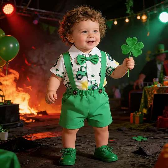 【0M-18M】Boys' St. Patrick's Day Outfit – Bow Tie Shirt & Suspender Shorts Set