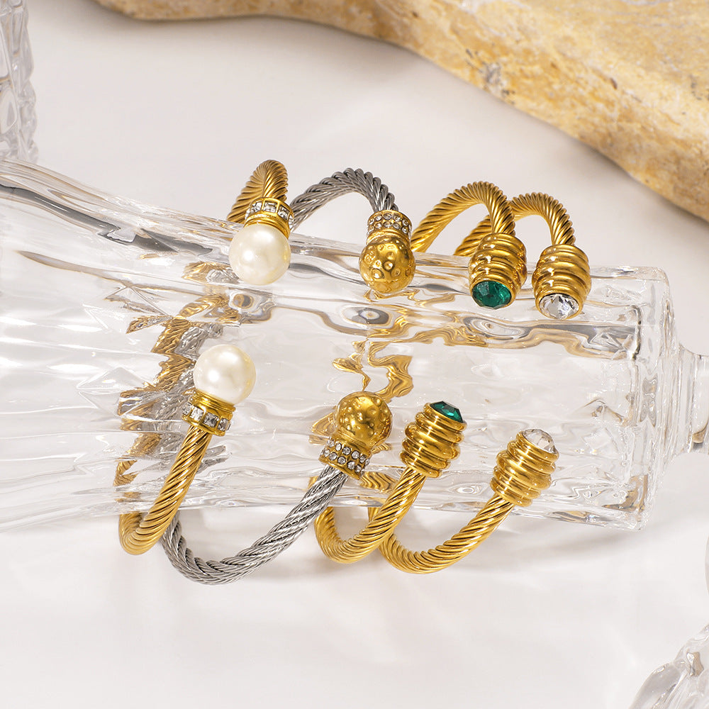 Stainless Steel Wire Rope Gold Bracelet Titanium Steel Open Trend Pearl Ladies Fashion High-End Bracelet