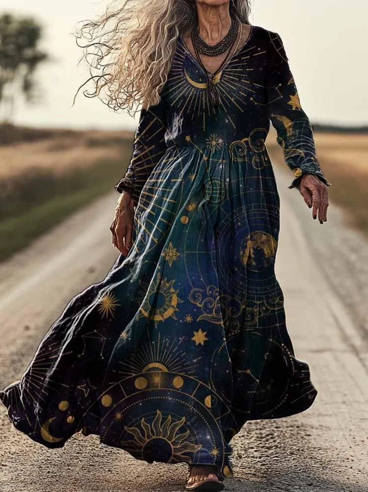 Women's Sun Moon Universe Art Print Pocket Cotton Dress