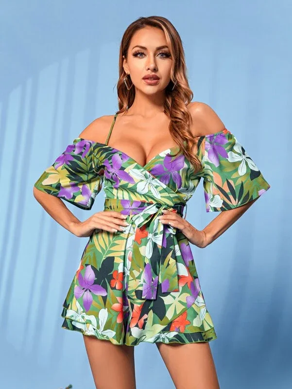 Double Crazy Floral Flounce Sleeve Belted Romper