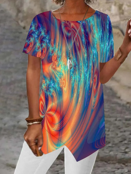 Women Asymmetrical Short Sleeve Scoop Neck Striped Printed Top