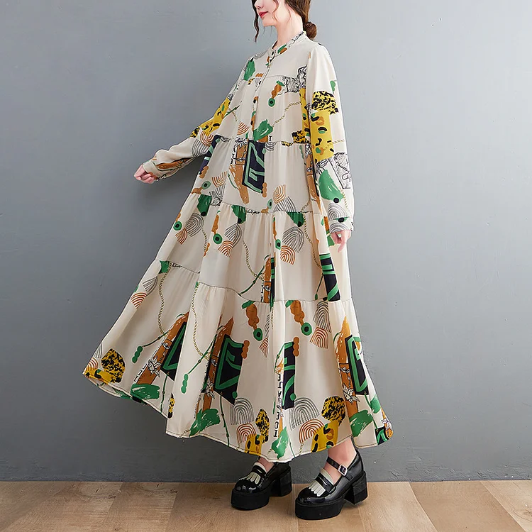Loose Floral Print Stand Collar Maxi Dress - yankia
