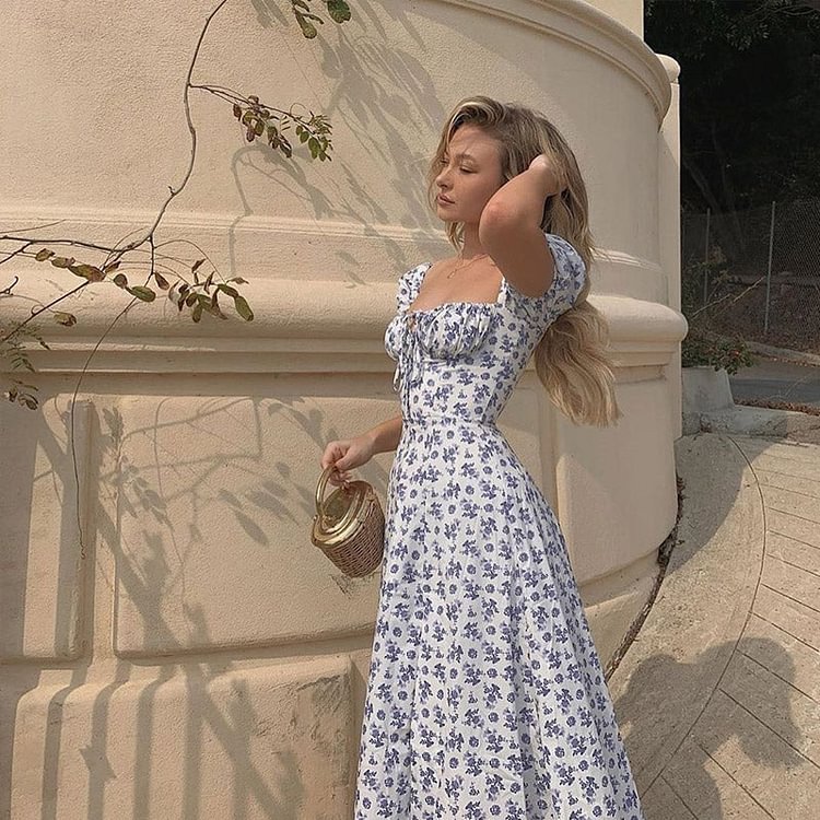 Puff Sleeve Floral Tie-Neck High Slit Maxi Dress