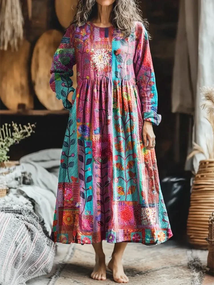 Women's Colorful Ethnic Contrasting Floral Art Pattern Print Pocket Cotton Dress