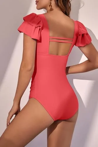 Ruffle Square Neck Tummy Control One Piece Swimsuit