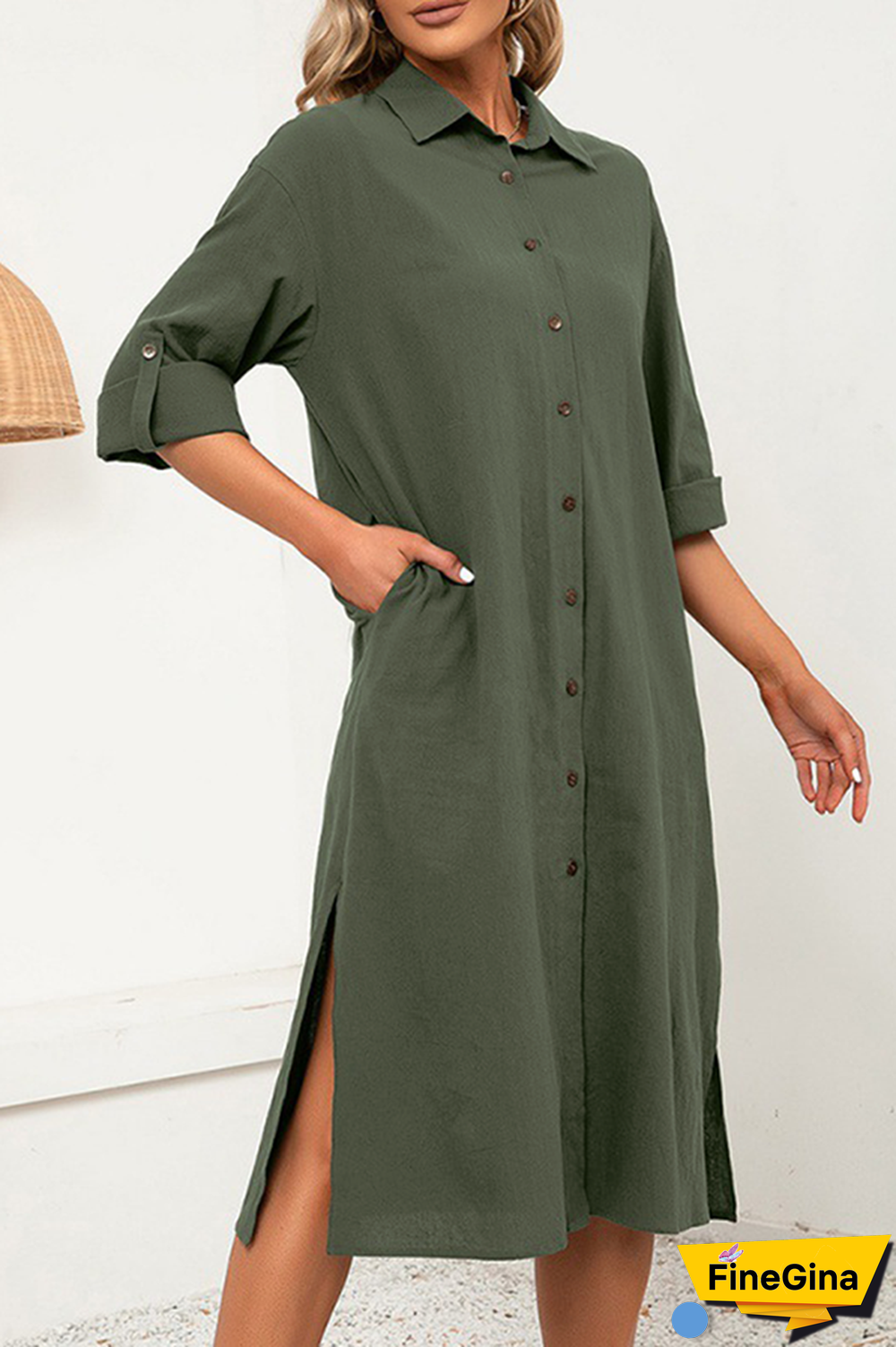 Casual Solid Split Joint Buckle Turndown Collar Shirt Dress Dresses