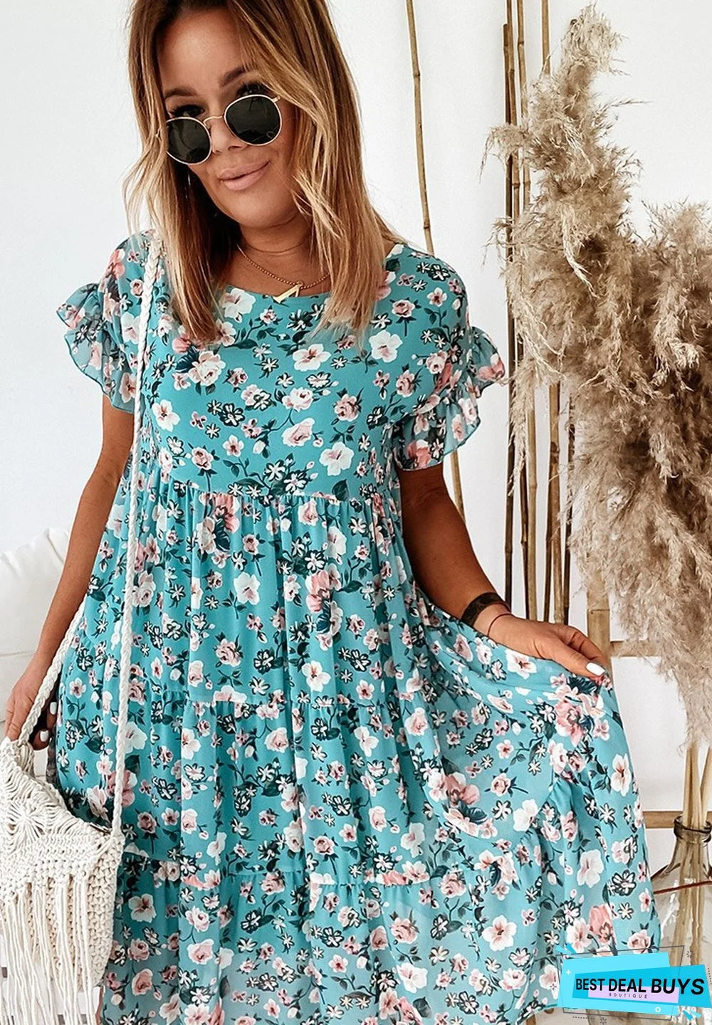 Short Sleeve Round Neck Fashion Sexy Printed Flounce Dress