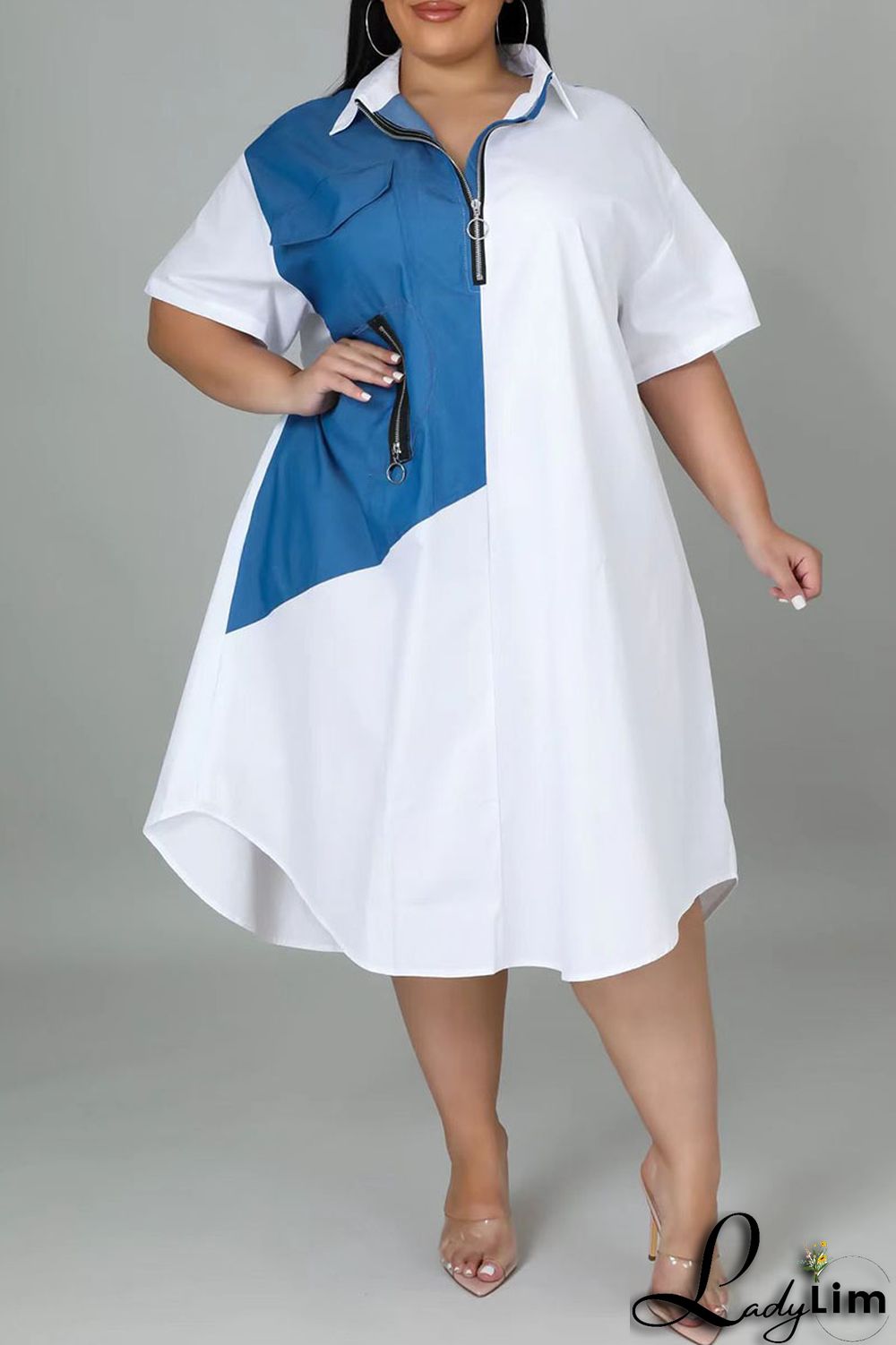 Light Blue Casual Solid Patchwork Zipper Collar Straight Plus Size Dresses