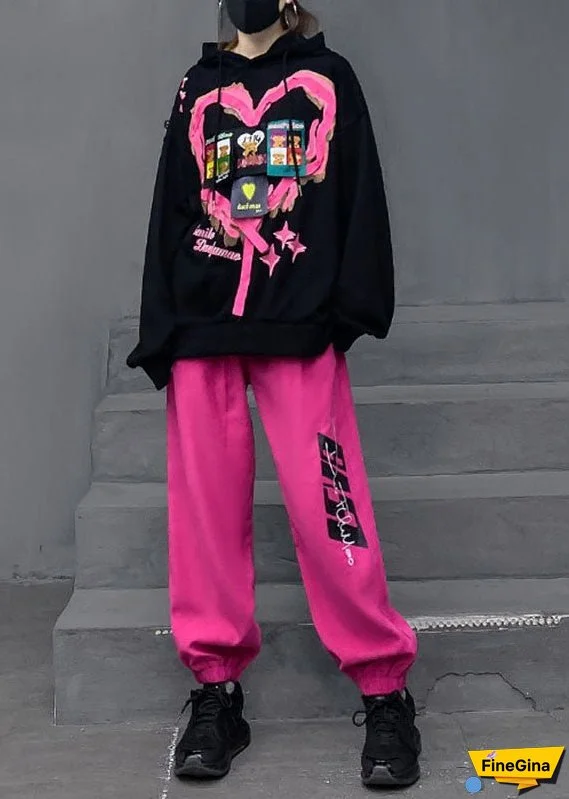 Plus Size Black Print Cotton Hooded Pullover And Lantern Pants Two Pieces Set Fall