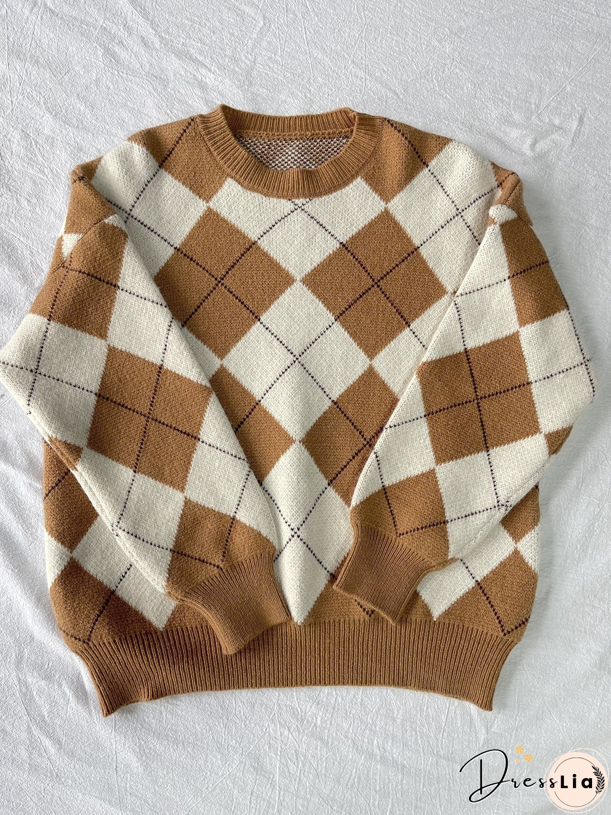 Plaid Pattern Crew Neck Pullover Sweater, Casual Long Sleeve Sweater For Fall & Winter, Women's Clothing