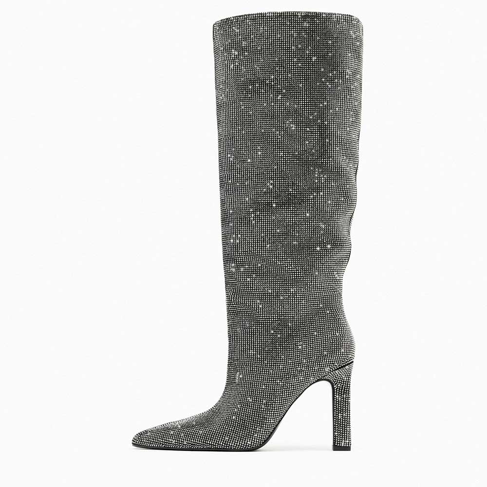 Silver Rhinestone Pointed Toe Chunky Heel Wide Calf Knee High Boots Nicepairs