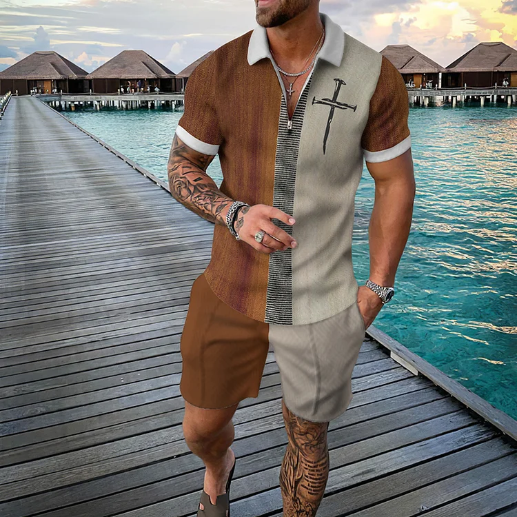 BrosWear Cross Coconut Print Pocket Short Sleeve Polo Shirt And Shorts Co-Ord