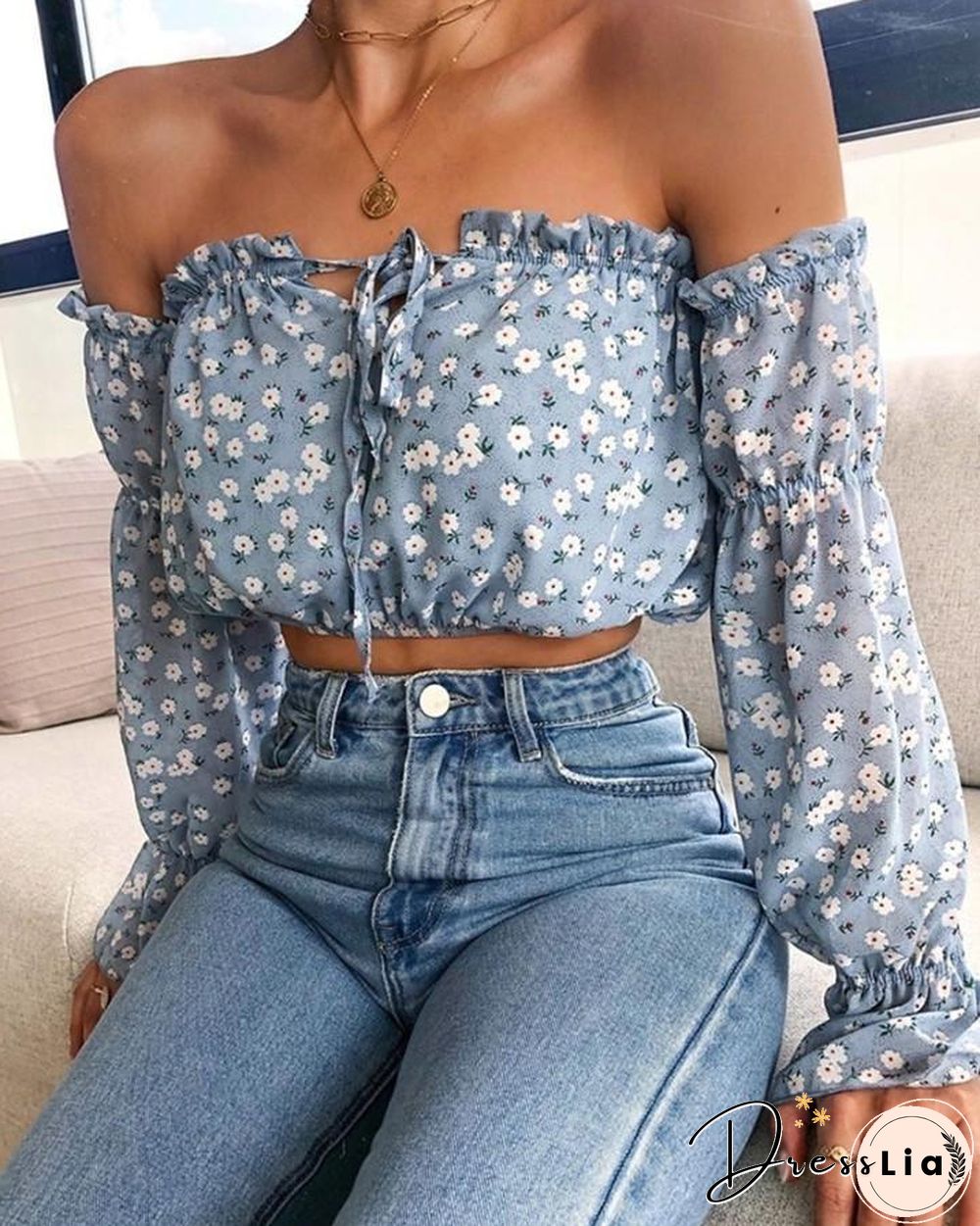 Off Shoulder Floral Print Tied Detail Blouse P13603