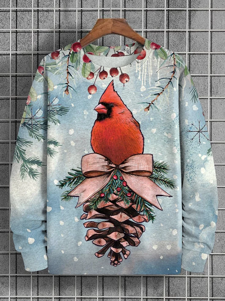 Men's Christmas Redbird and Pine Cone Print Casual Sweatshirt