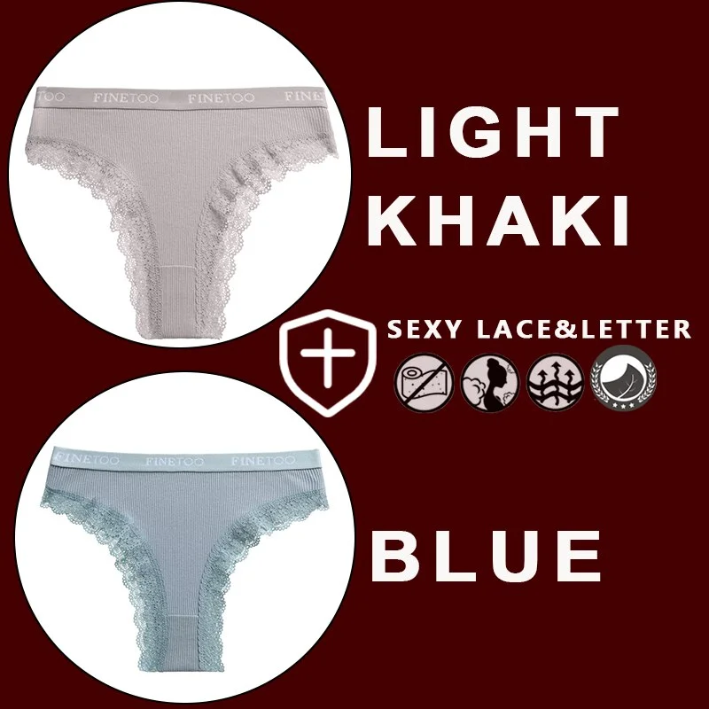 FINETOO 2PCS/Set Women's Cotton Panties Girls Letter Thongs Brazilian Pantys Sexy Lace Underwear For Woman Lingerie Bikini Panty