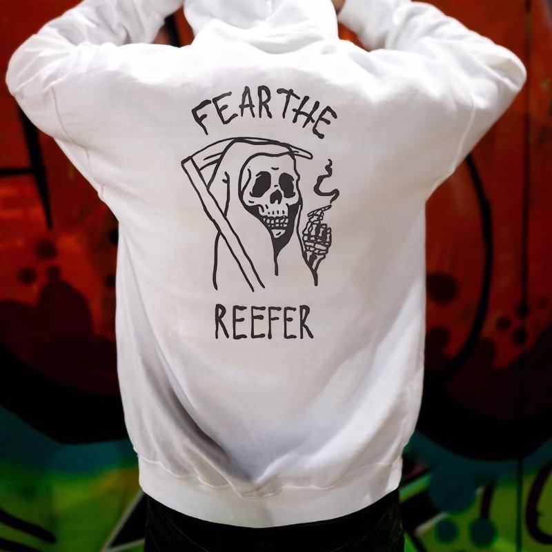 Fear The Reefer Grim Reaper Print Casual White Hoodie -  