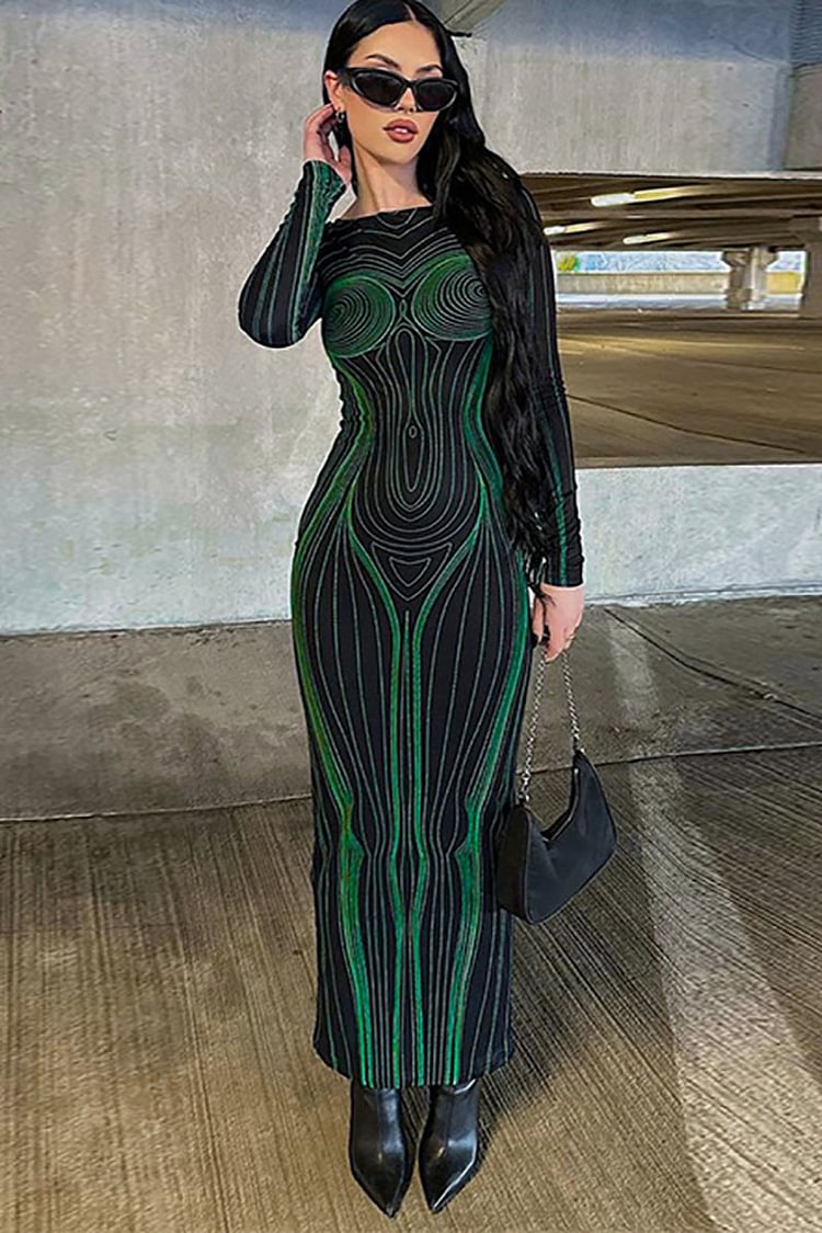 Unique Print Backless Bodycon Long Sleeve Maxi Dresses
