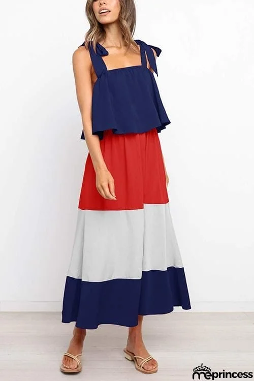 Color Block Bow Slip Maxi Dress