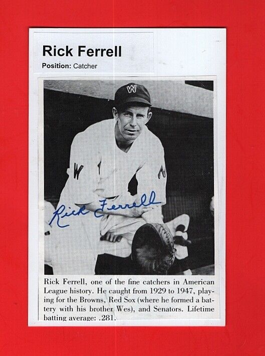 RICK FERRELL-WASHINGTON SENATORS 4X6 AUTOGRAPHED Photo Poster painting-(d.1995)-HOF