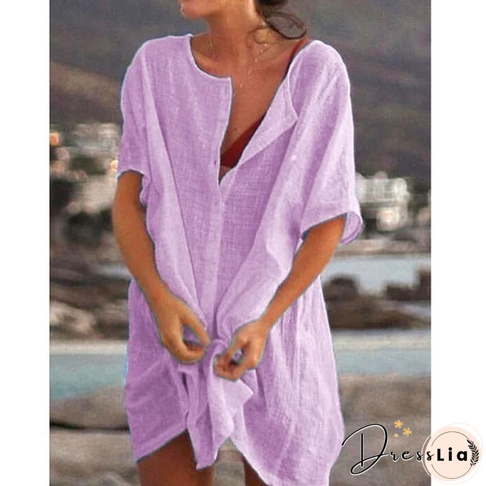 Plus Size Fashion Summer Women's Casual Beach Wear Swimwear Cover-up Linen Dress Loose Short Sleeve Deep V-neck Solid Color Mini Party Dress