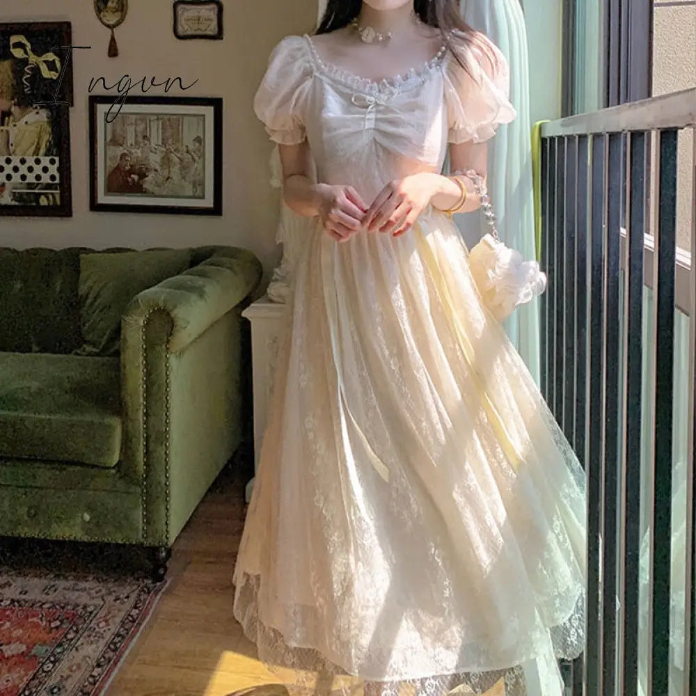 Ingvn - Top Quality Elegant Princess Dress Women Vintage Lace - Up Party Long Fairy Dresses For