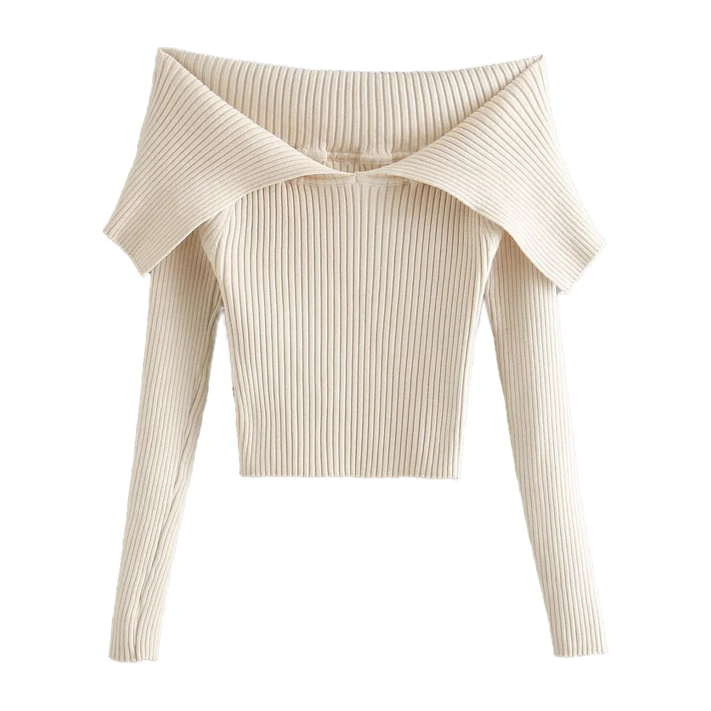 New Women Fitted Knit Sweater Exposed Shoulders Sexy Casual Chic INS style Elastic Slim-fit Knitted Tops Woman Sweaters