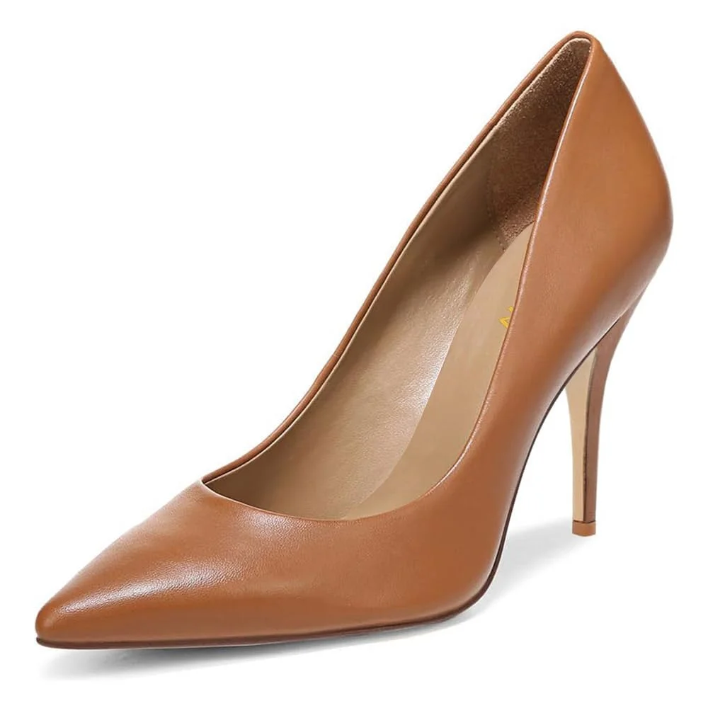 YDN Brown Vegan Leather Pointed Toe Pumps Heels for Business