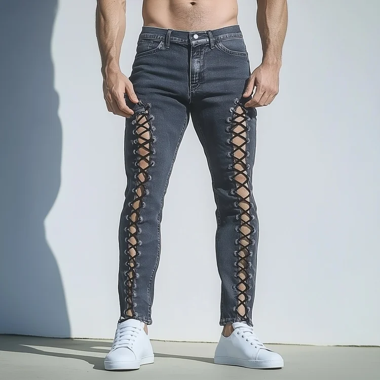 Okaywear Mid Rise Hollow Lace Up Slim Fit Denim Jeans 