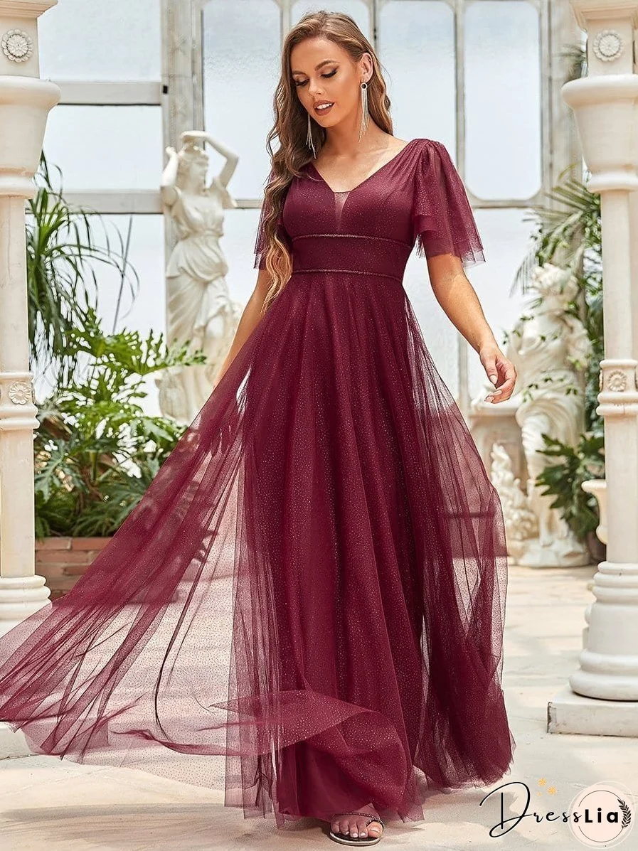 Elegant Golden Stamped Ruffle Sleeve Evening Gown