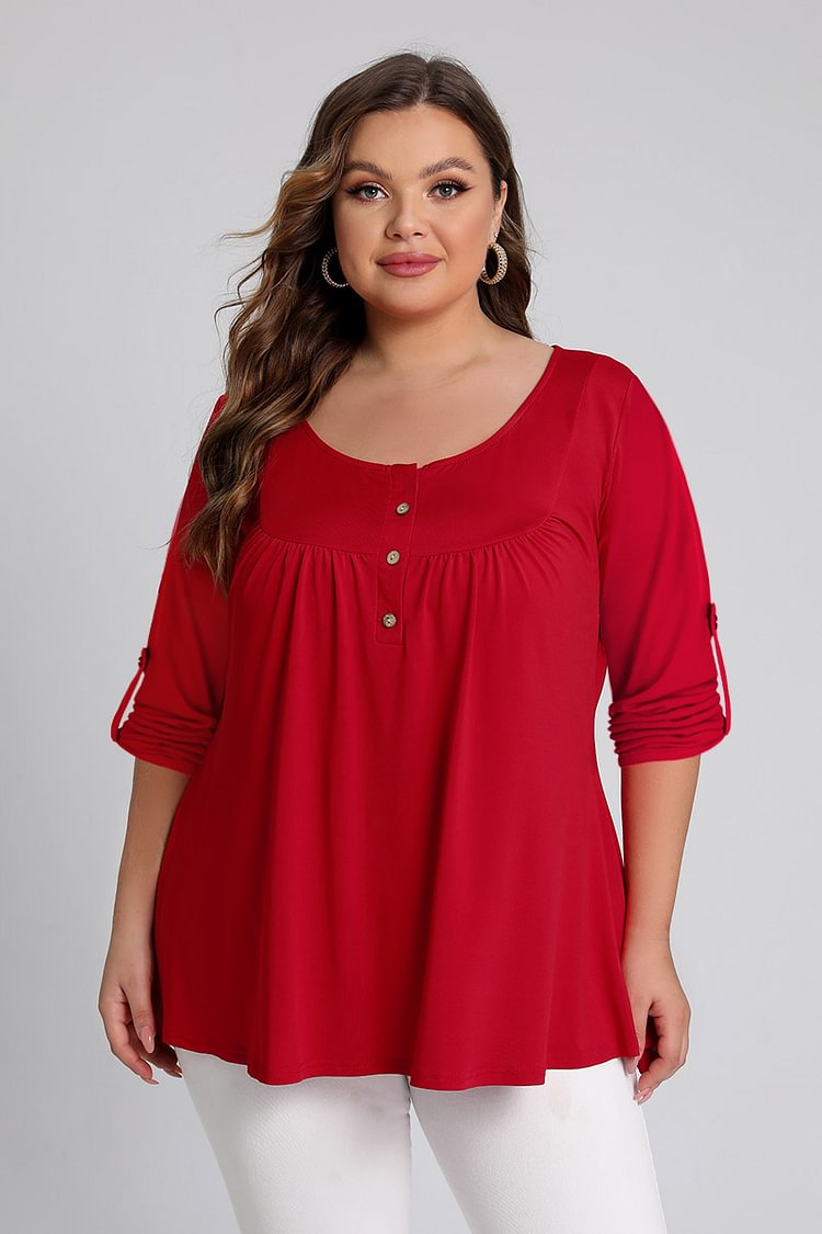 Flycurvy Plus Size Casual Burgundy Pleated Buttons Roll Tab 3/4 Sleeve Blouses  flycurvy [product_label]