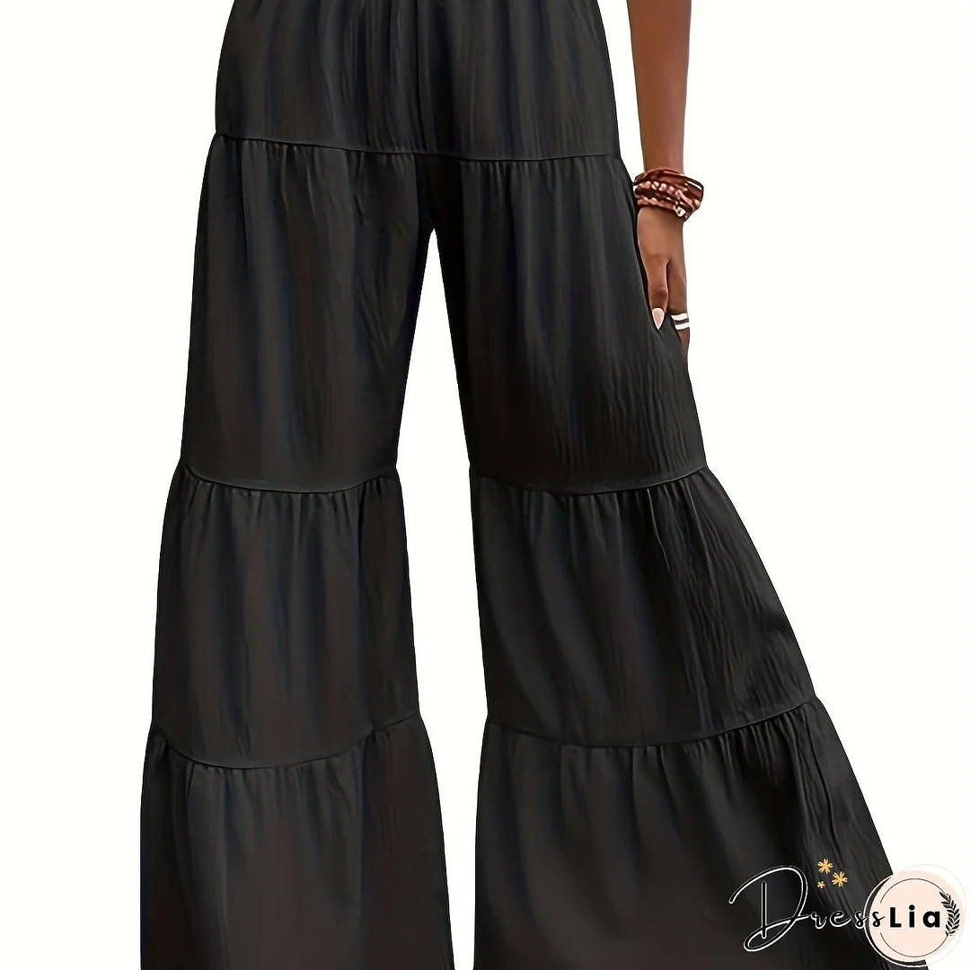 Solid Elastic Waist Wide Leg Pants, Casual Ruffle Hem Pants For Spring & Fall, Women's Clothing