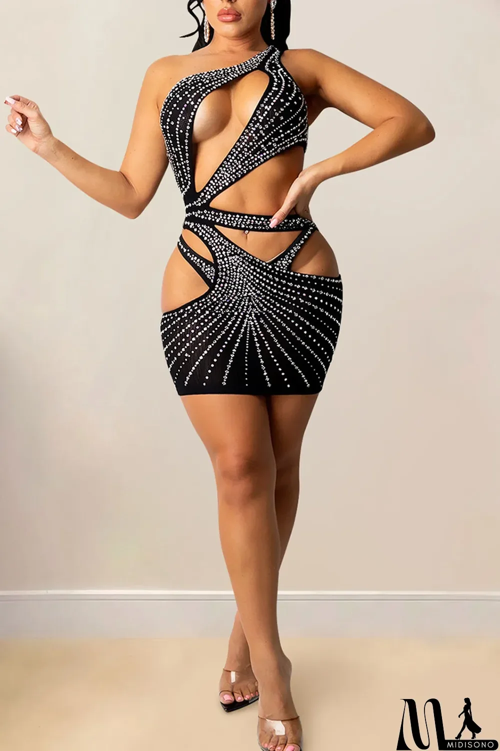 MidiSono - Black Sexy Solid Hollowed Out Split Joint Asymmetrical Hot Drill Oblique Collar One Step Skirt Dresses