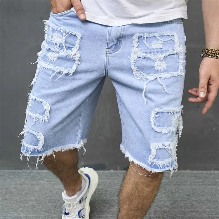 Frayed Jeans Ripped Loose Denim Shorts Distressed Street Casual Half Pants at Hiphopee