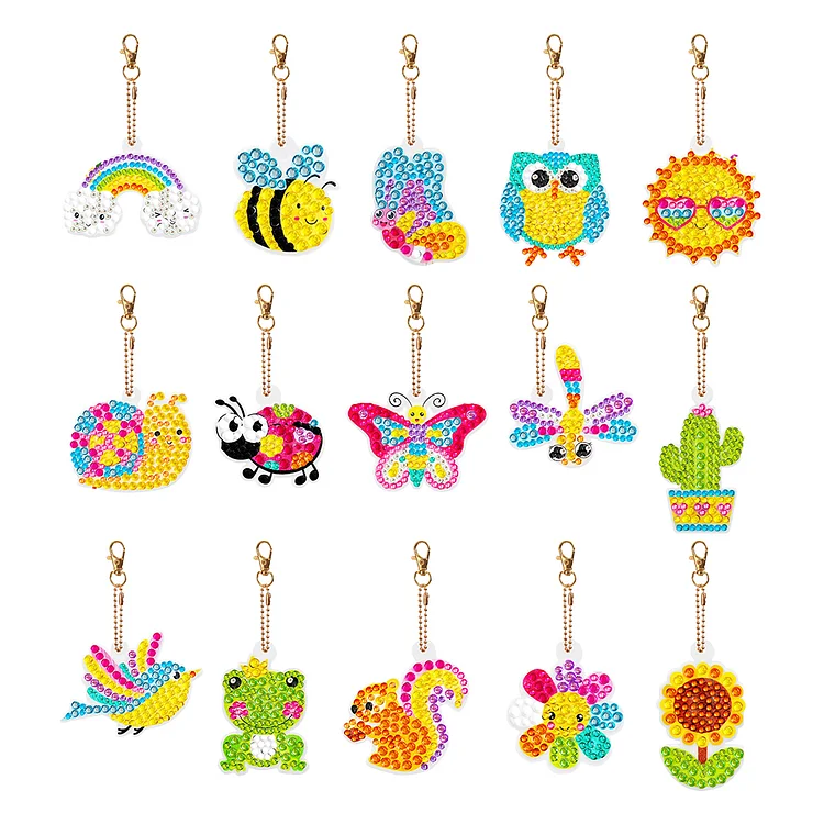 15PCS Diamond Art Keyring Bee Double Sided Diamond Painting Keychain Cactus Frog gbfke