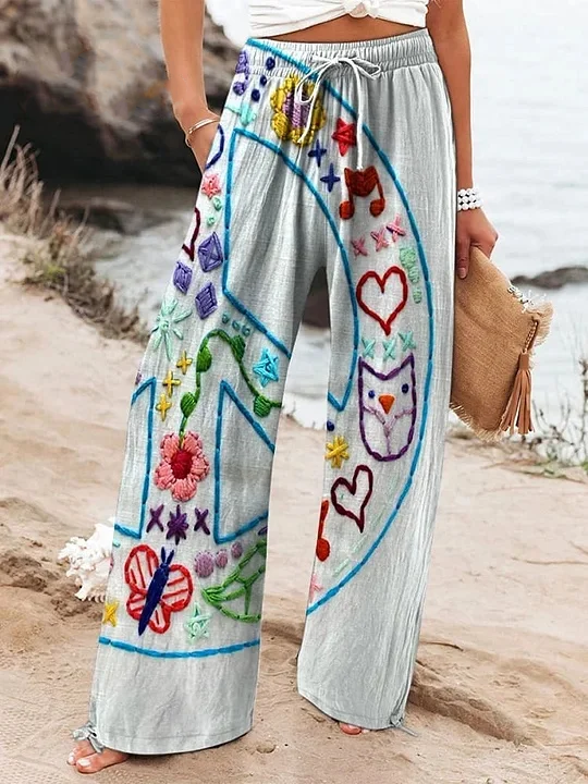 Women's Vintage Peace Art Print Cotton And Linen Casual Pants