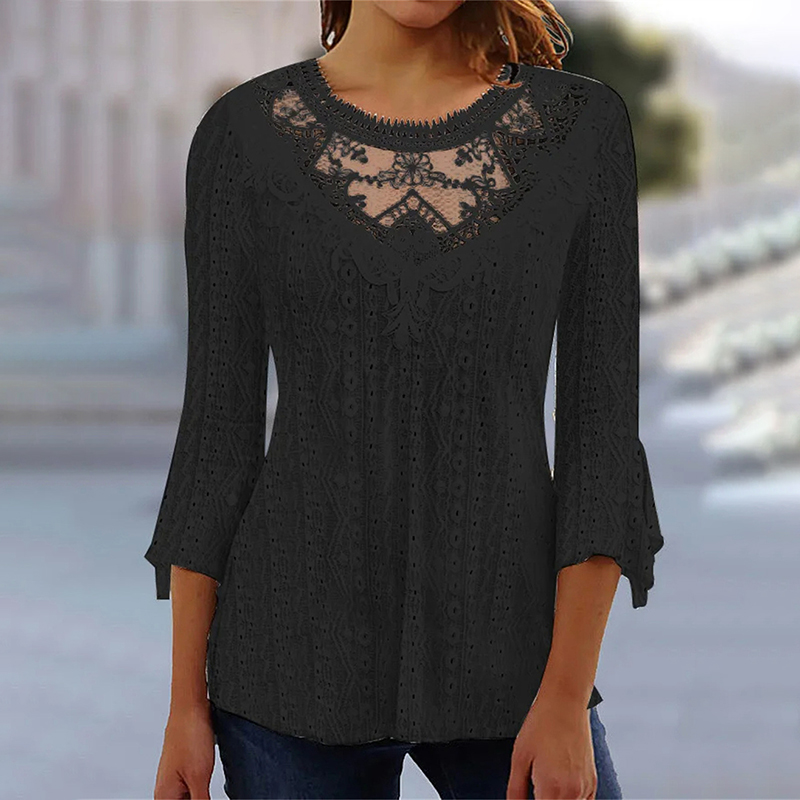 Comfortable Casual Hollowed Out Perspective Lace Patchwork 3/4 Sleeve T-Shirt  artssus