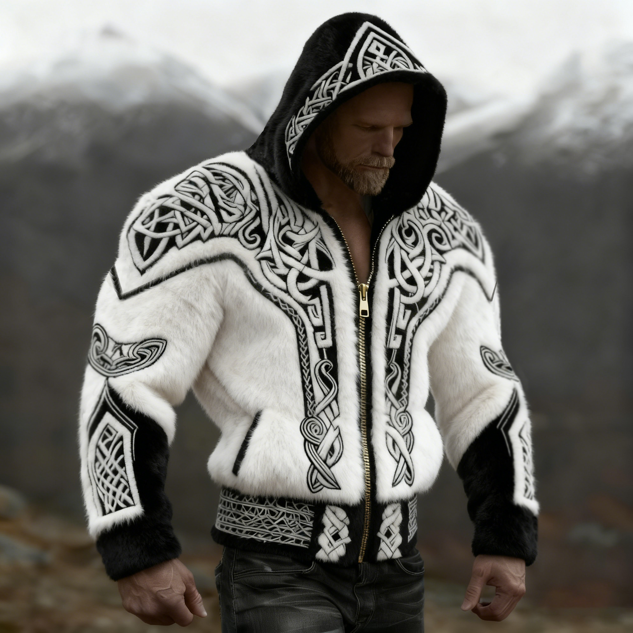 Men's Viking Celtic Knot Color Block Design Full Zip Plush Hoodie elevenforest