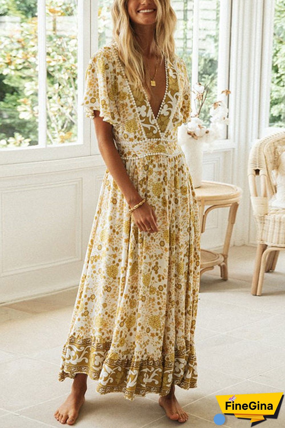 Floral V Neck Maxi Dress
