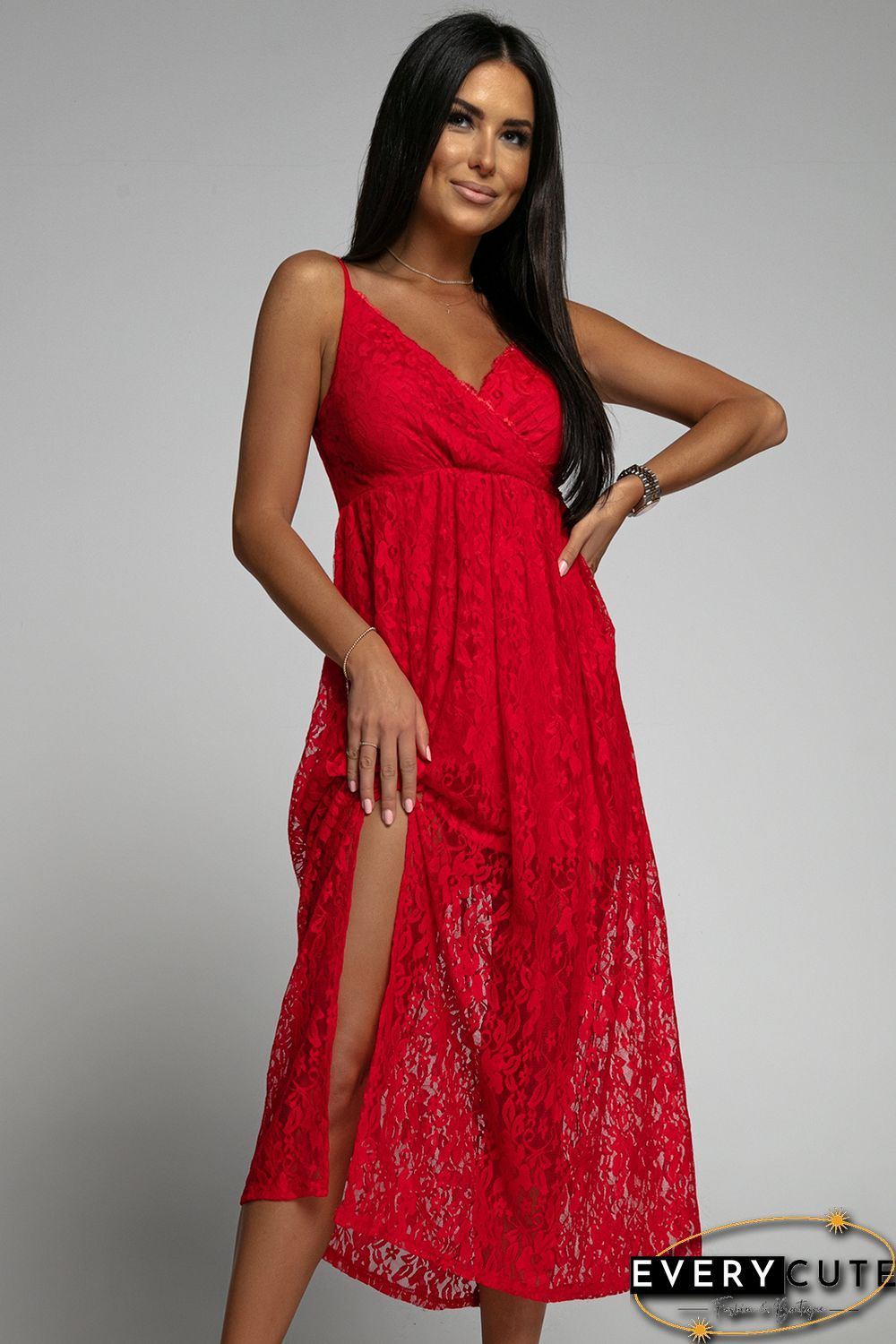 Red Lace V Neck Wrap Spaghetti Straps Maxi Dress