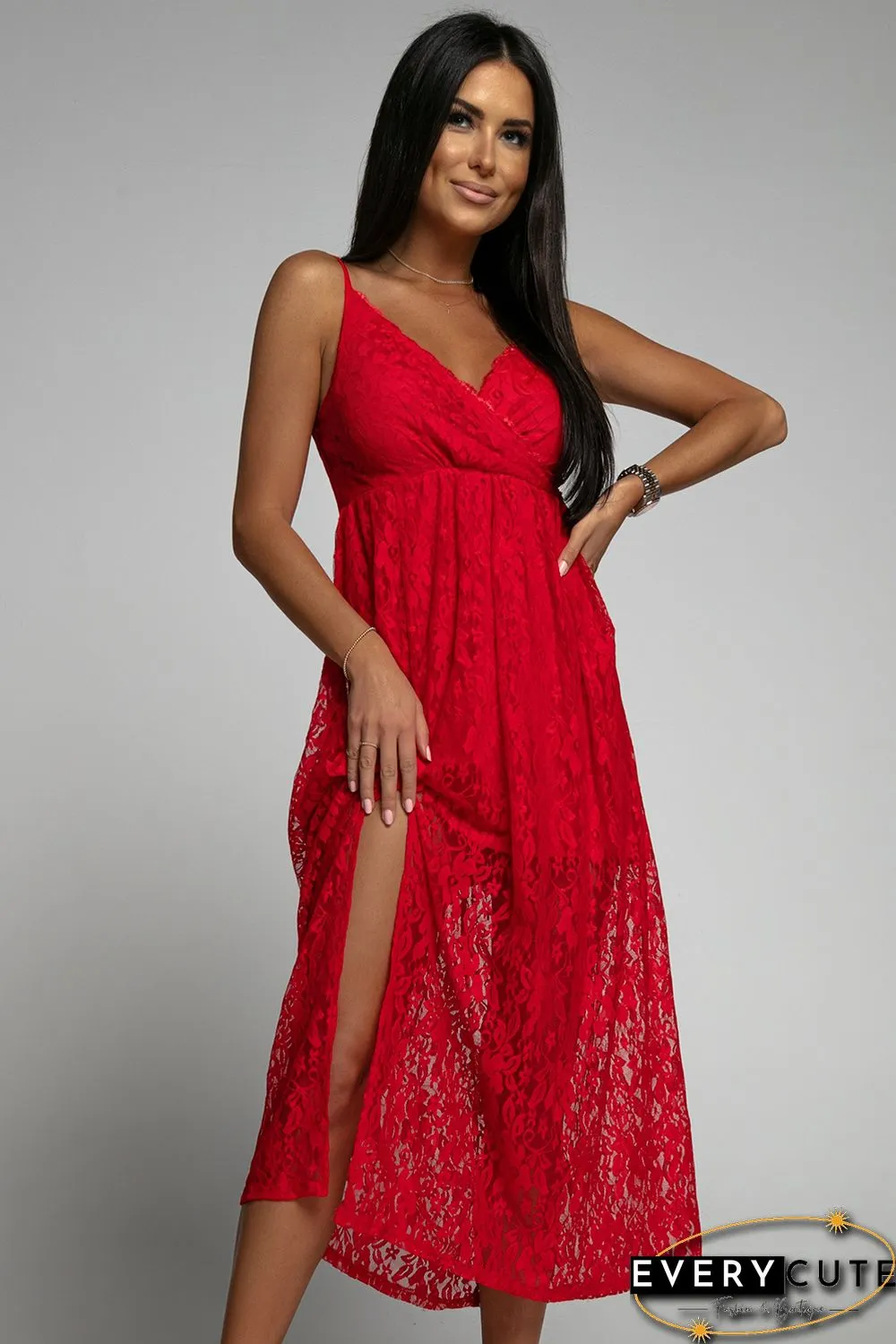 Red Lace V Neck Wrap Spaghetti Straps Maxi Dress