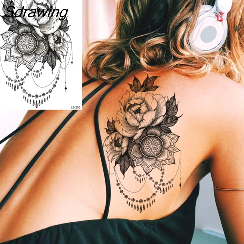 Sdrawing Henna Temporary Tattoos For Women Girls Feather Butterfly DreamCatcher Fake Gem Tattoo Sticker Chest Arm Tatoos Tribal 328-1