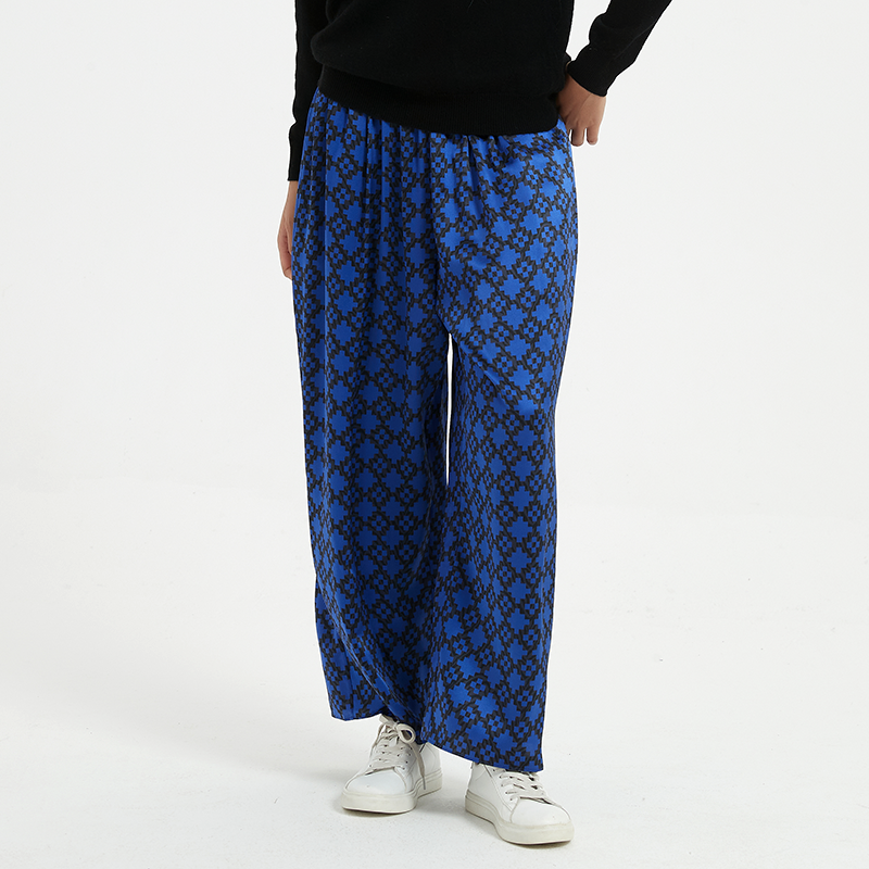 Patterned Blue Silk Pants For Women REAL SILK LIFE