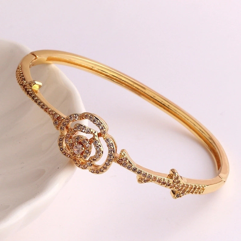 Hip-hop Palm Rose Leopard Copper 18k Gold Plated Zircon Bangle In Bulk