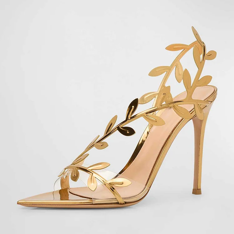 Gold Pointed Toe Metallic Branch Stiletto Heels Sandals for Women |FSJ Shoes