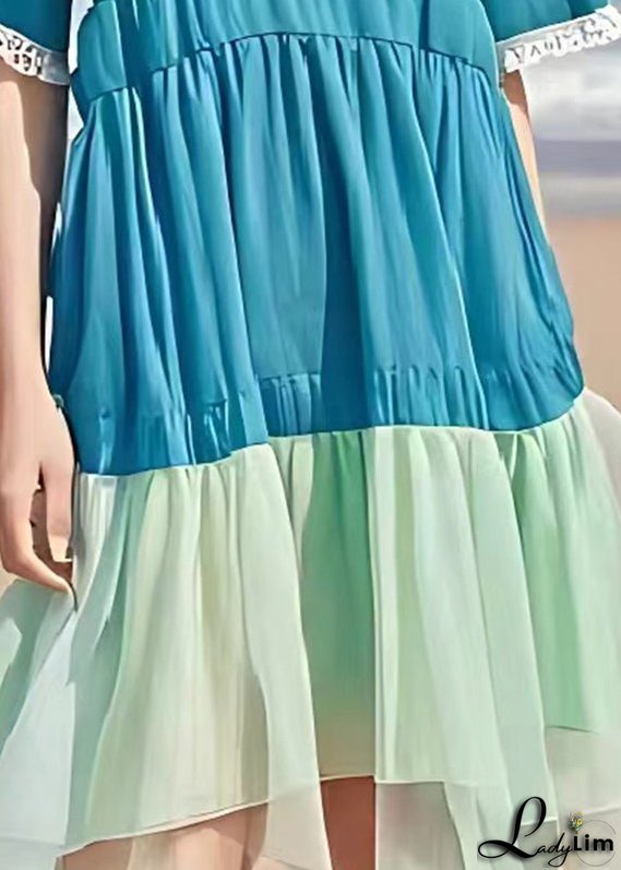 Casual Blue V Neck Patchwork Wrinkled Linen Dress Summer