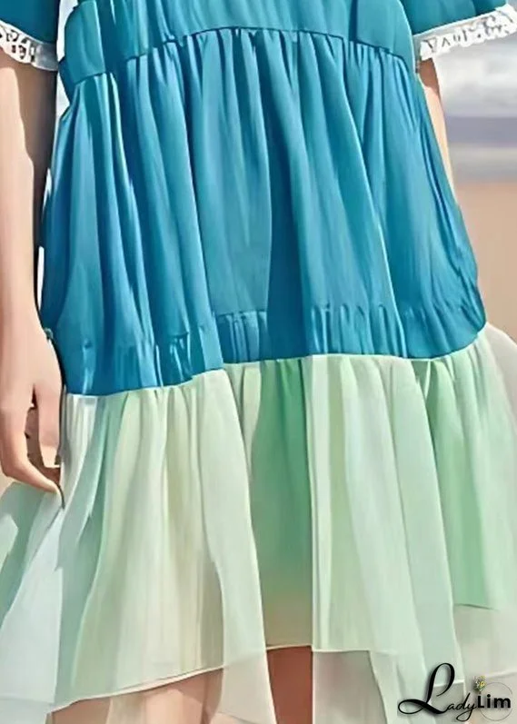 Casual Blue V Neck Patchwork Wrinkled Linen Dress Summer